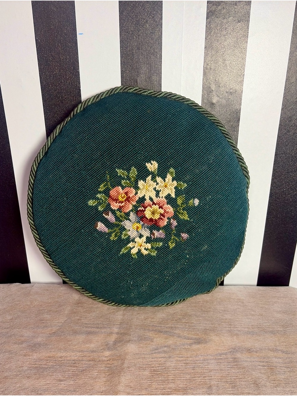 Vintage Round Needlepoint Floral Throw Pillow, 15" Diameter. Elegant dark green